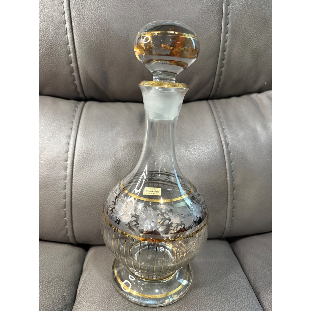 Steiner & Vogel Germany Handcrafted Etched Glass Decanter Gold Trim Floral 14"